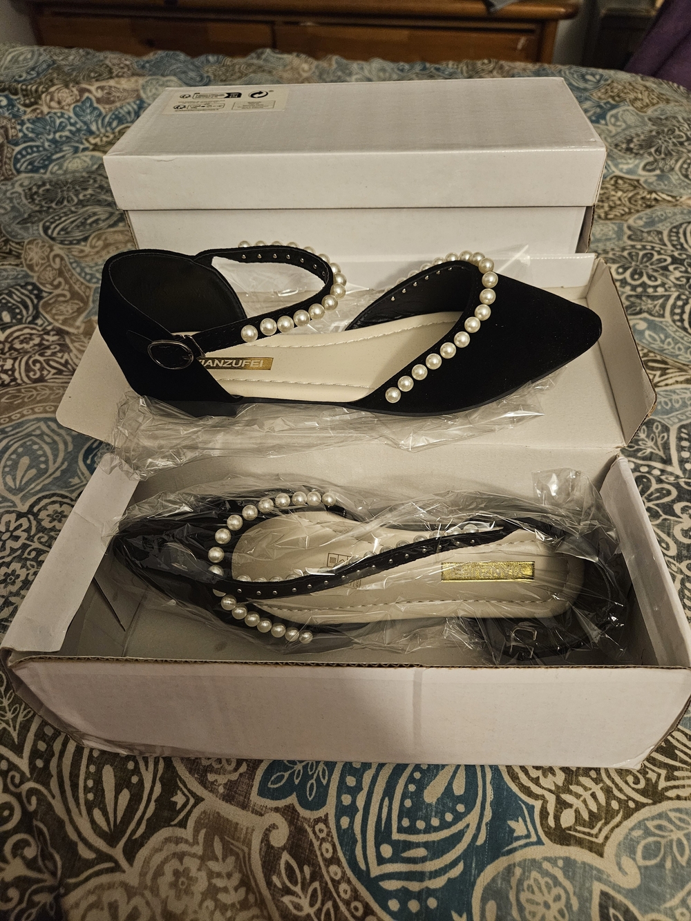 Black Pearl-Trim D'Orsay Flats - Women